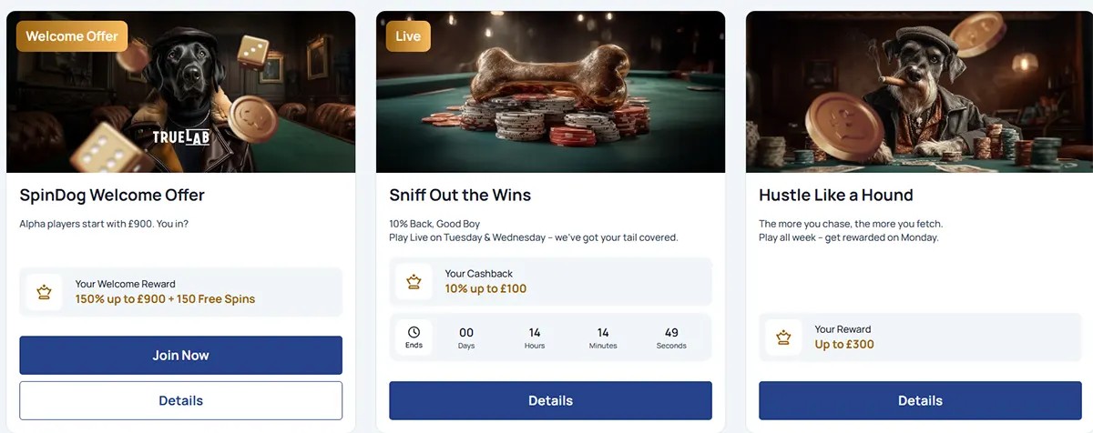 Three SpinDog promo cards showing a dog mascot and casino chips: welcome bonus, āSniff Out the Winsā cashback with timer, and āHustle Like a Houndā weekly reward, each with action buttons.