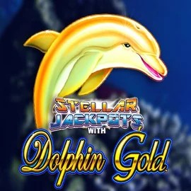 Dolphin Gold with Stellar Jackpots online game logo by Lightning Box Game on spinsdogs.nl